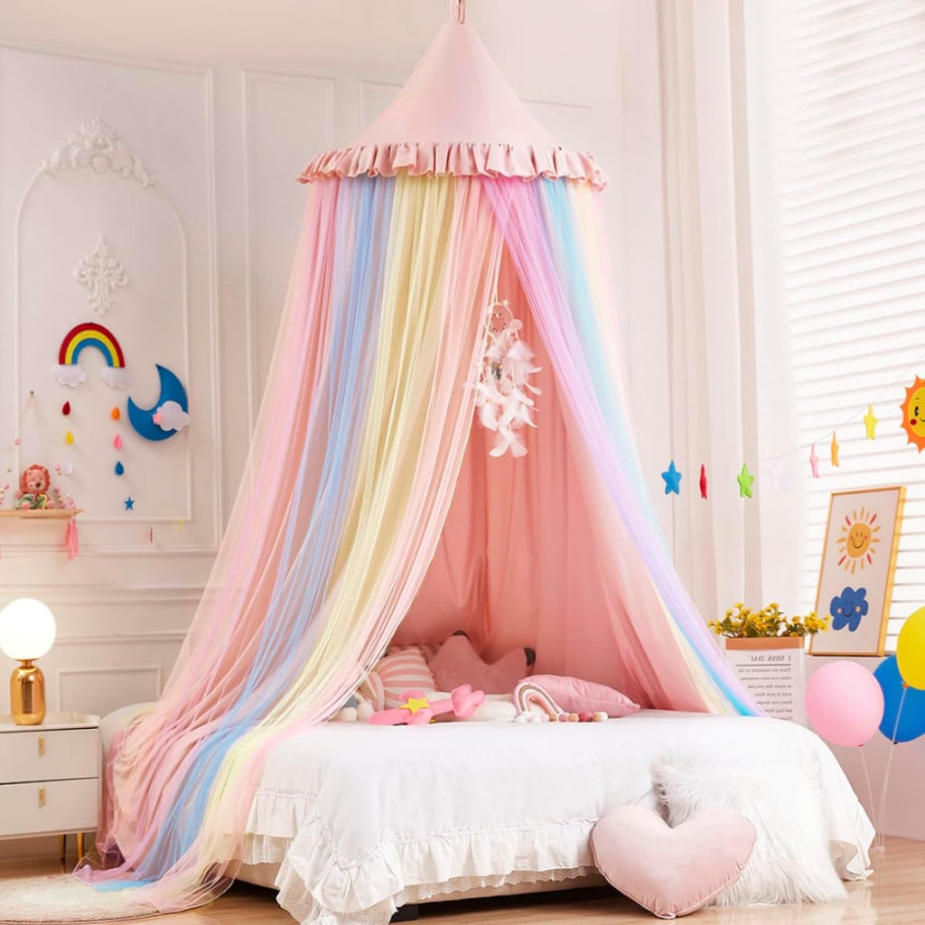 Rainbow Bed Canopy for Girls Dreamy Mosquito Net for Bed Round Dome Princess Bed Canopy Girl Room Play Tent Canopy