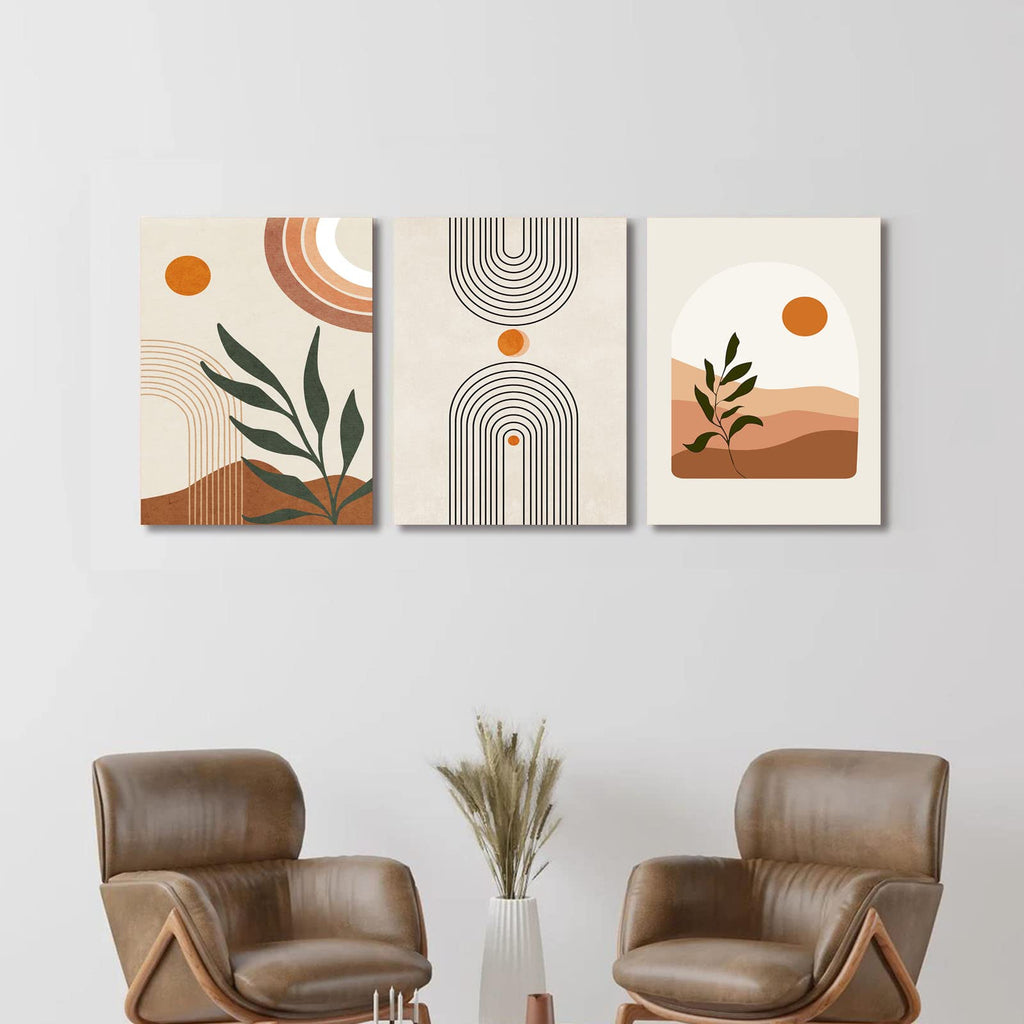 Boho Wall Art Set of 3, MidCentury Modern Wall Prints Framed Canvas Paintings Minimalist Abstract Geometric Beige
