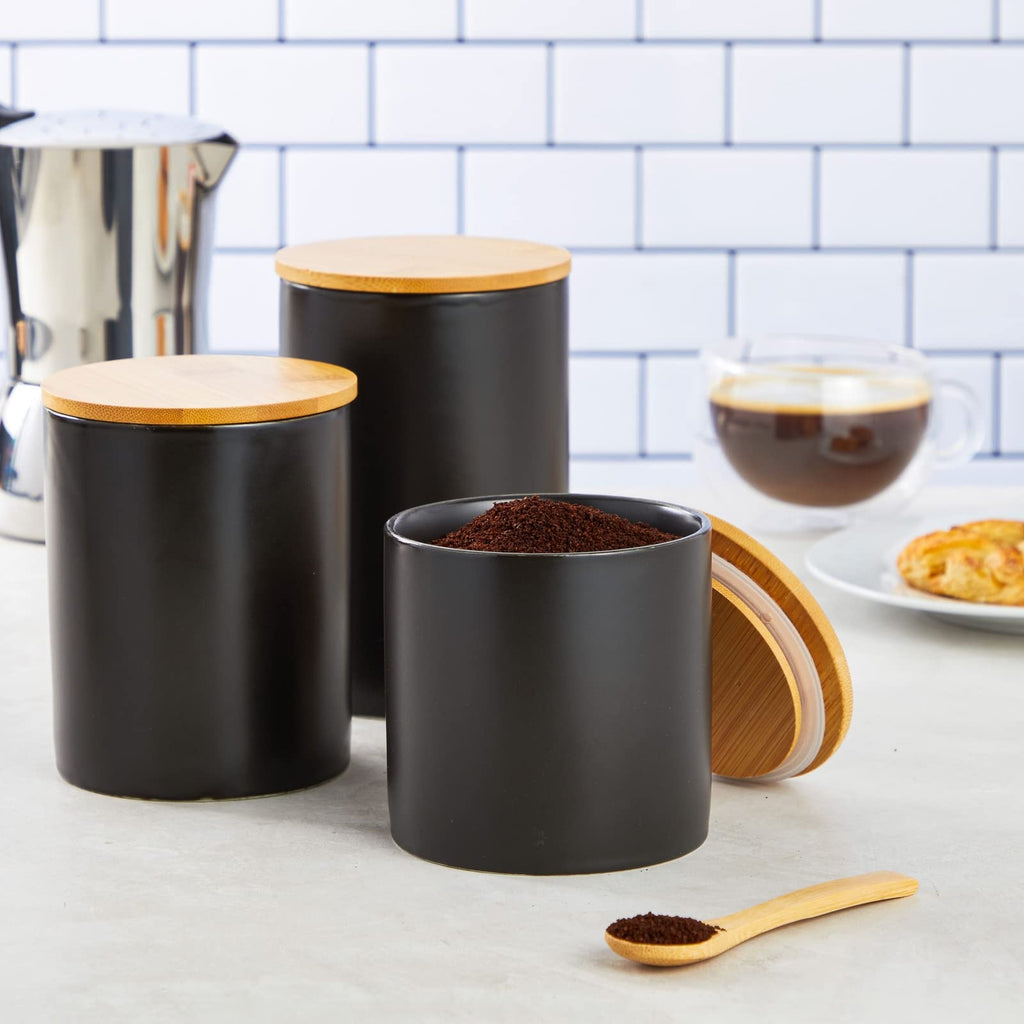 Set of 3 Matte Black Kitchen Canister with Airtight Wooden Bamboo Lids, Kitchen Counter Containers, Food Storage