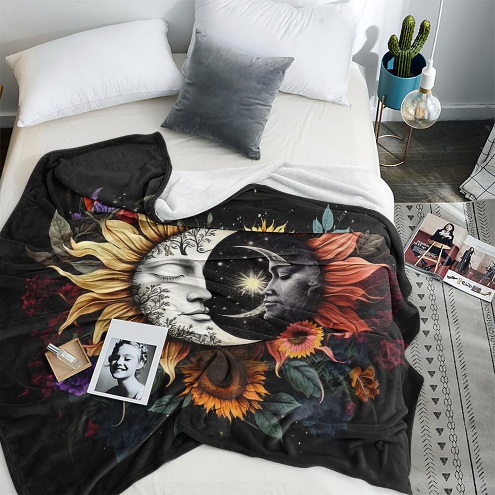 Celestial Sun Moon Flannel Blanket Boho Mid Century Day and Night Throw Blanket Farmhouse Colorfl Sunflower Throw