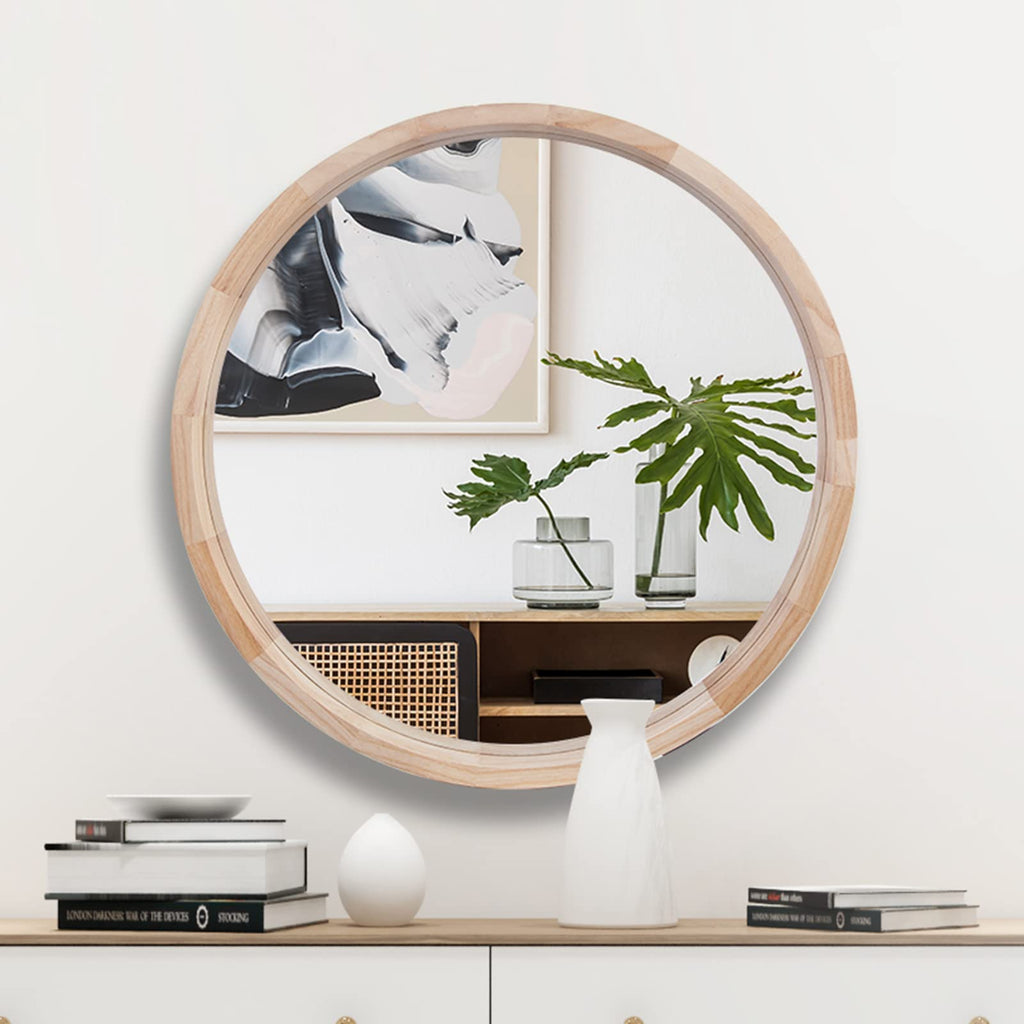Round Mirror, 30 Inches Wood Mirror, Wall Decorative Circle, Nature Big Bathroom Large Vanity Farmhouse Bedroom