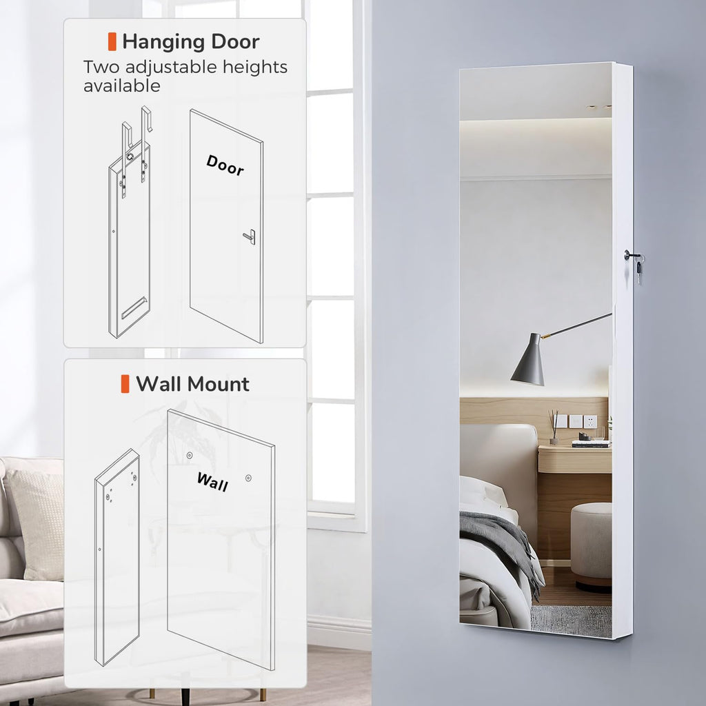 Full Length Mirror Jewelry Cabinet, 6 LEDs Jewelry Armoire Wall Mounted Over The Door Hanging, Jewelry Organizer