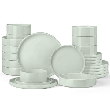 Stoneware Dinnerware Sets for 6 with Double Bowl, 24 Piece Plates and Bowls Dish Dinner Set, Speckled Kitchen