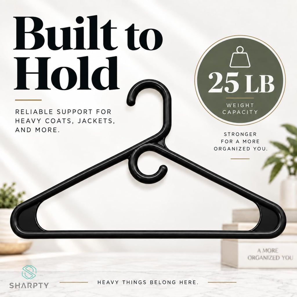 Heavy Duty Clothes Hangers, 24 Pack - Space Saving, Ultra Strong Black Plastic - Hang Your Belt, Pants, Coat, Shirt