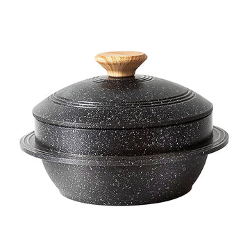 Cast Aluminum Pot with Lid, 7 in Non-Stick Casserole Dish Korean Stone Bowl Induction Compatible, Black