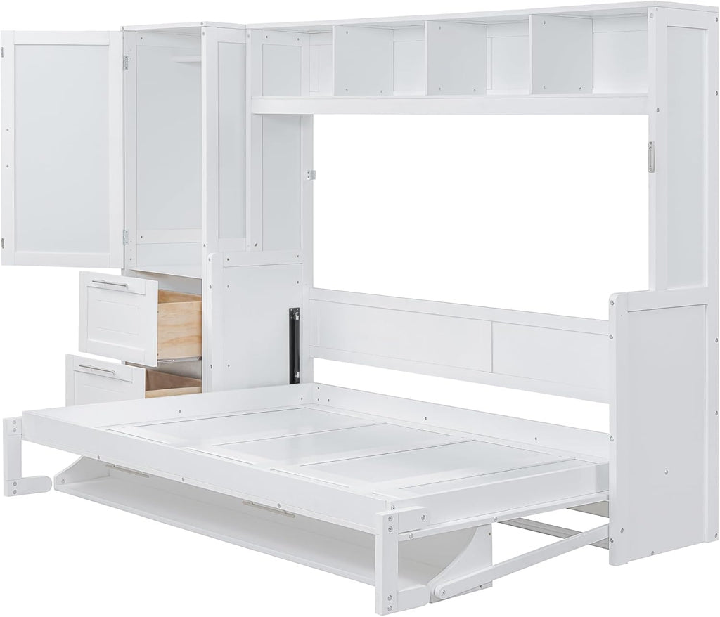 Queen Horizontal Murphy Bed with Desk, Wardrobe, Storage Drawers & Shelves, White