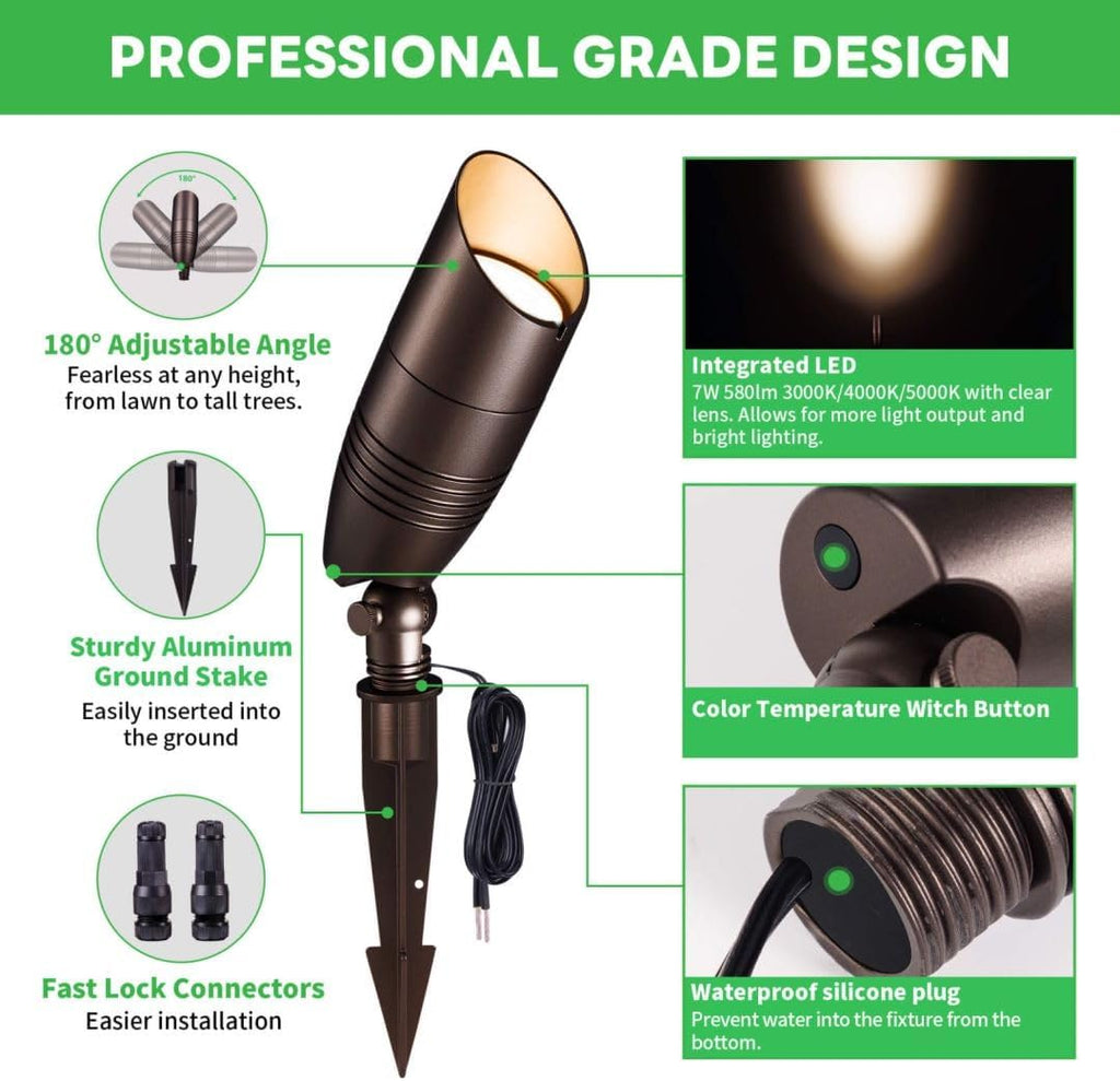 LED Spotlight, 3000K/4000K/5000K Adjustable Color Temperature Waterproof Outdoor Landscape Uplight, 12V AC/DC Wired