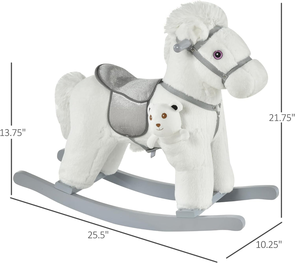 Kids Rocking Horse with Bear Toy Plush for Toddler 18-36 Months White