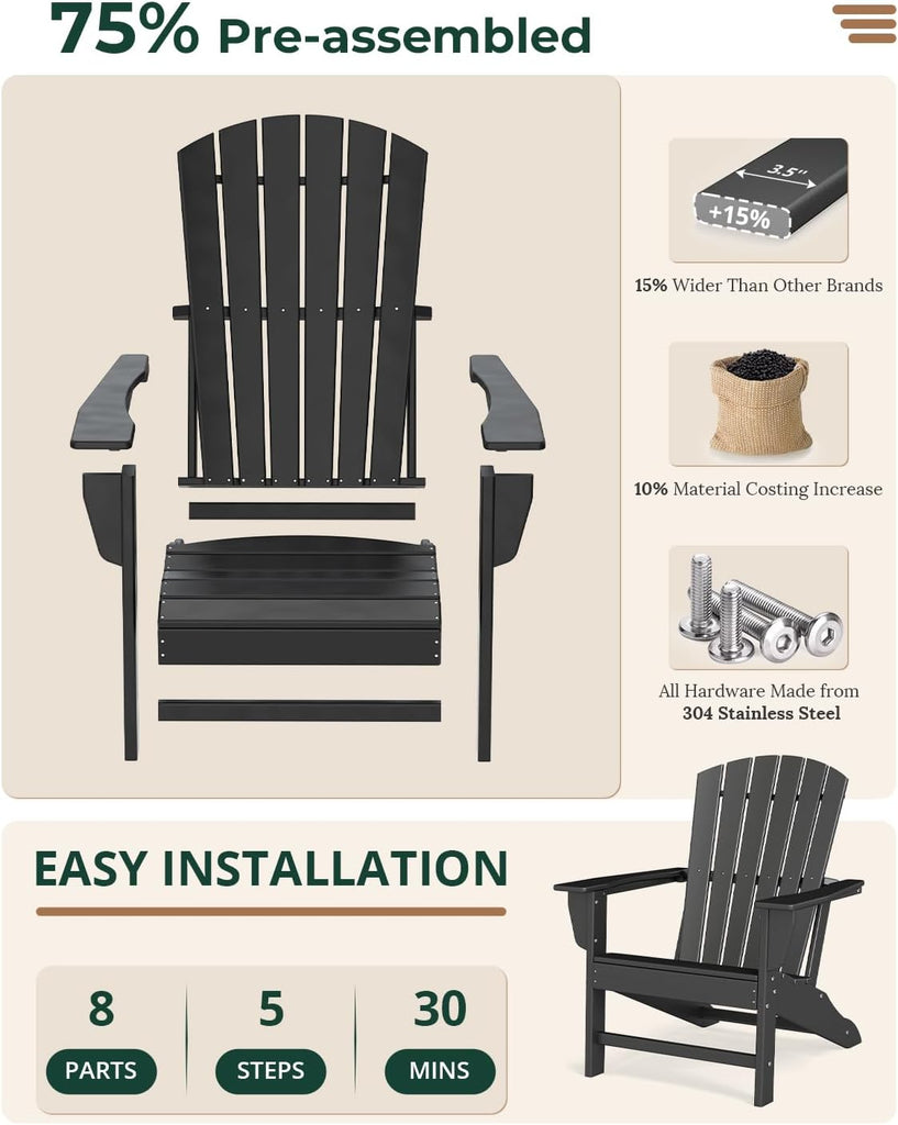 Oversized-Adirondack-Chairs Set of 2 | HDPE | All Weather | Black | 400lbs Maximum Weight Limit, Plastic Fire Pit