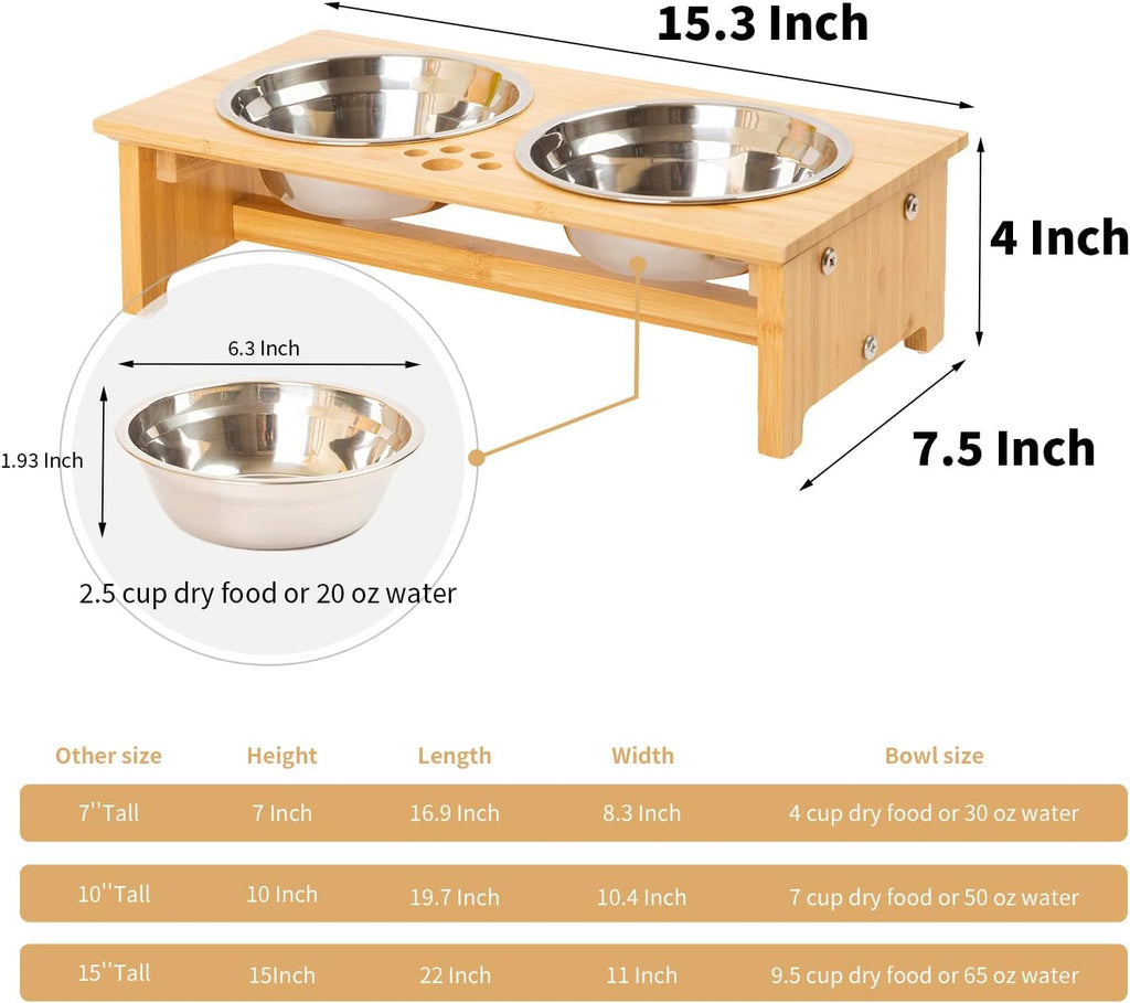 Raised Pet Bowls for Cats and Small Dogs, Bamboo Elevated Dog Cat Food and Water Bowls Stand Feeder with 2 Stainless