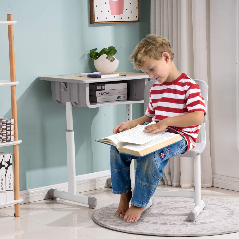 Student Desk and Chair Combo, Height Adjustable Children's Desk and Chair Workstation with Drawer, Pencil Grooves and