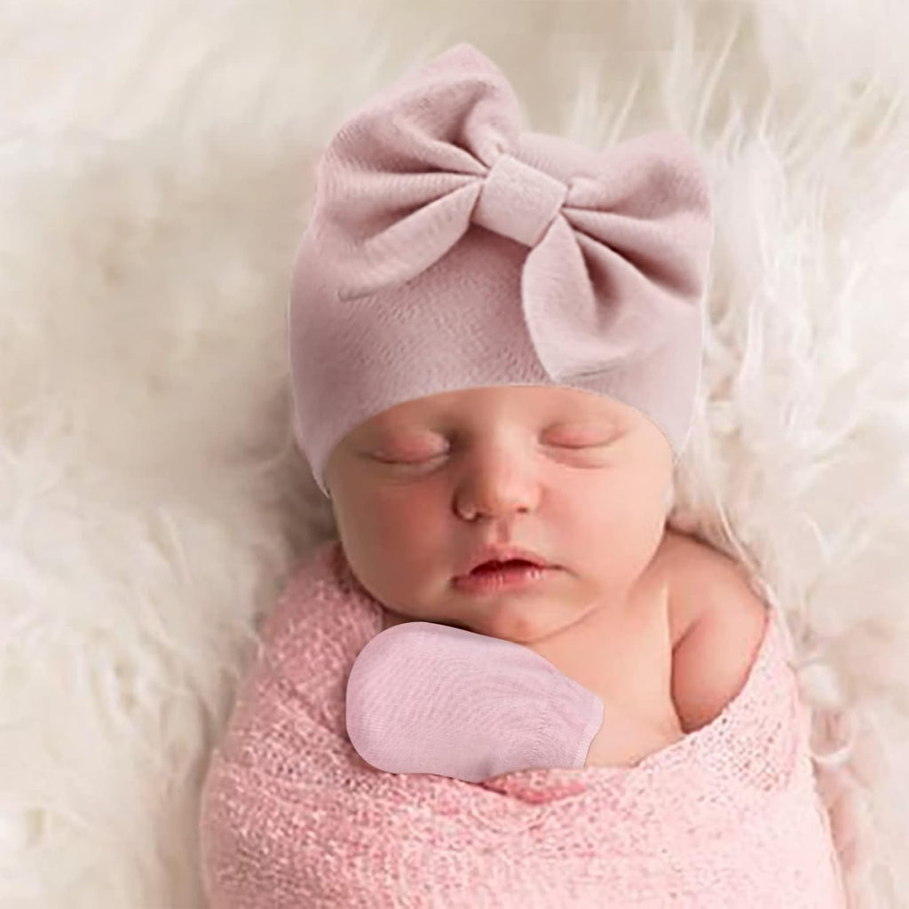 Newborn Baby Girls Hats Mittens Set Hospital Hat Beanie Infant Bow Hats Baby Cotton Gloves for 0-6 Months