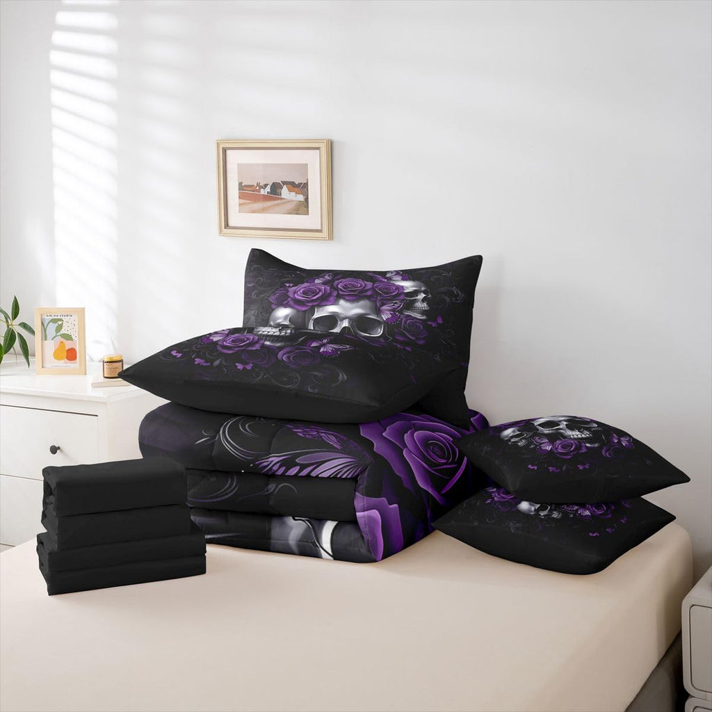 Gothic Skull Comforter Set with Sheets 7 Piece Twin Size Halloween Goth Bedding SetKids Vintage Victorian Romantic