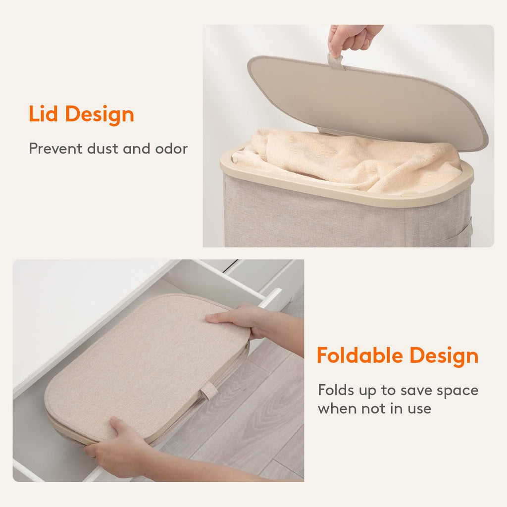 Slim Laundry Basket with Lid and Removable Bag, 65L, Beige