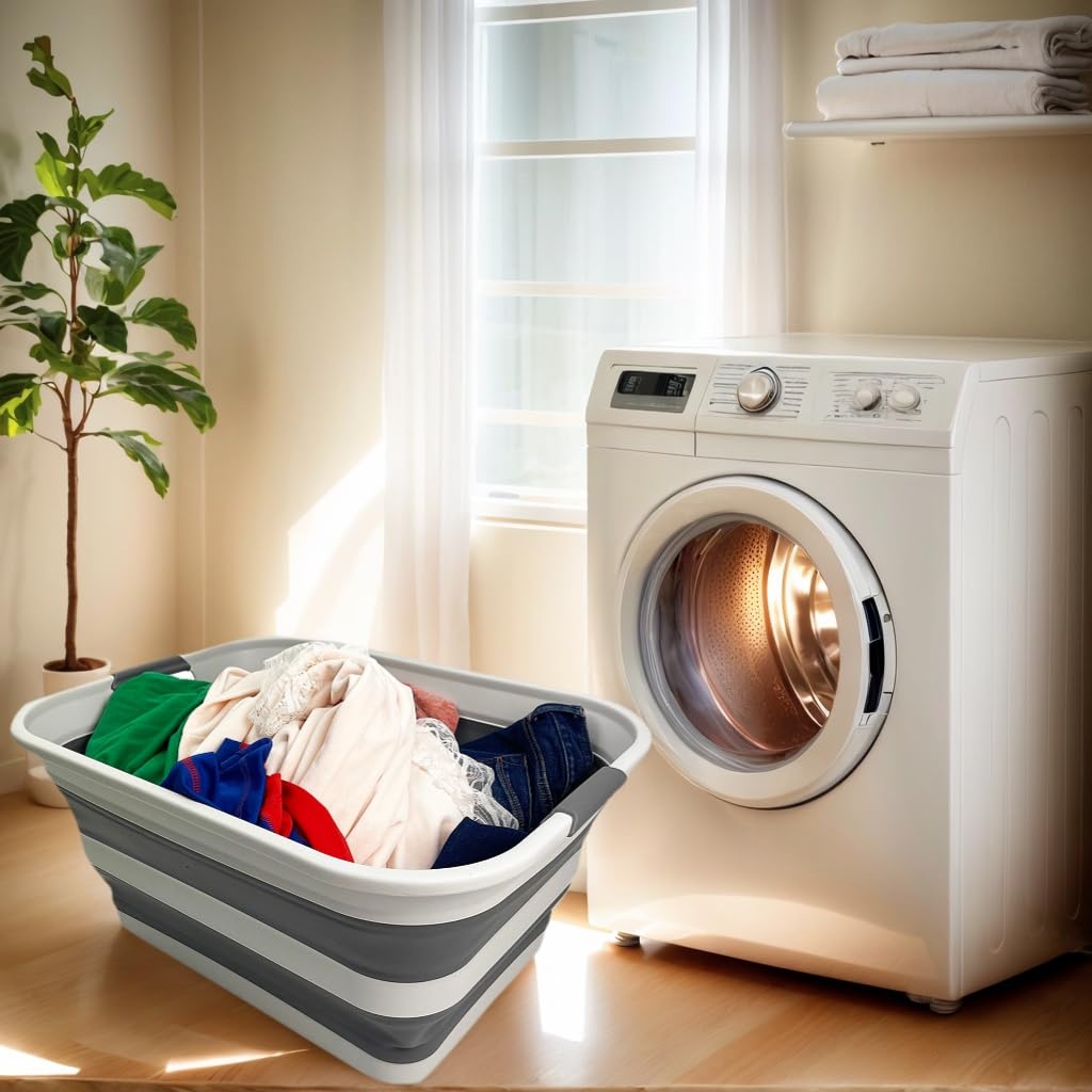 Collapsible Plastic Laundry Basket with Handle/Foldable Pop Up Storage Hamper/Portable Laundry Organizer-Space Saving