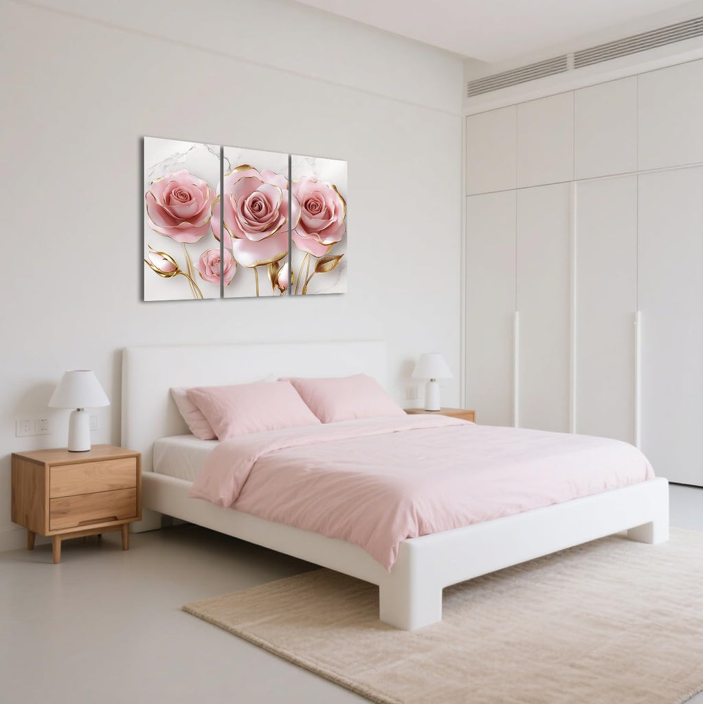 Pink Rose Canvas Wall Art Abstract Pink and Gold Wall Decor 3 Pieces Luxury Floral Painting Floral Marble Picture