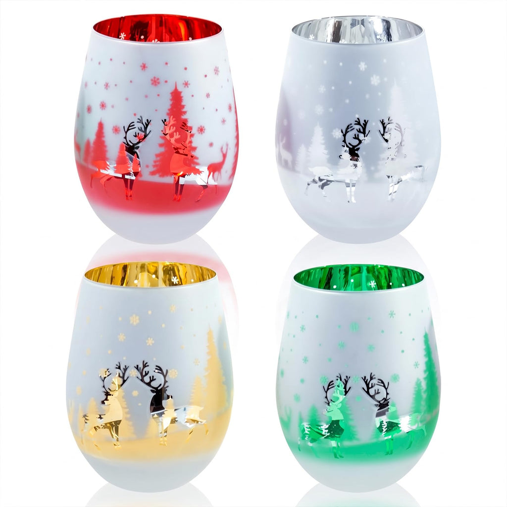 14 oz Christmas Stemless Holiday Wine Glasses with Frosted Winter Scene, Festive Glass Drinkware Cups for Xmas Party