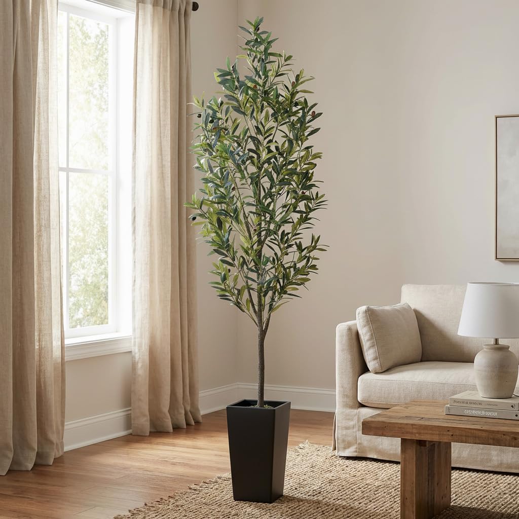 7ft Artificial Olive Tree Decor, 7 ft Large Faux Plant Fake Skinny Silk Trees with Pot for Indoor Outdoor House