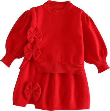 Infant Toddler Girls Long Sleeve Sweet Bow Sweater Two Piece Set Fashion Preppy Knit Two Dresses Baby (RD1, )
