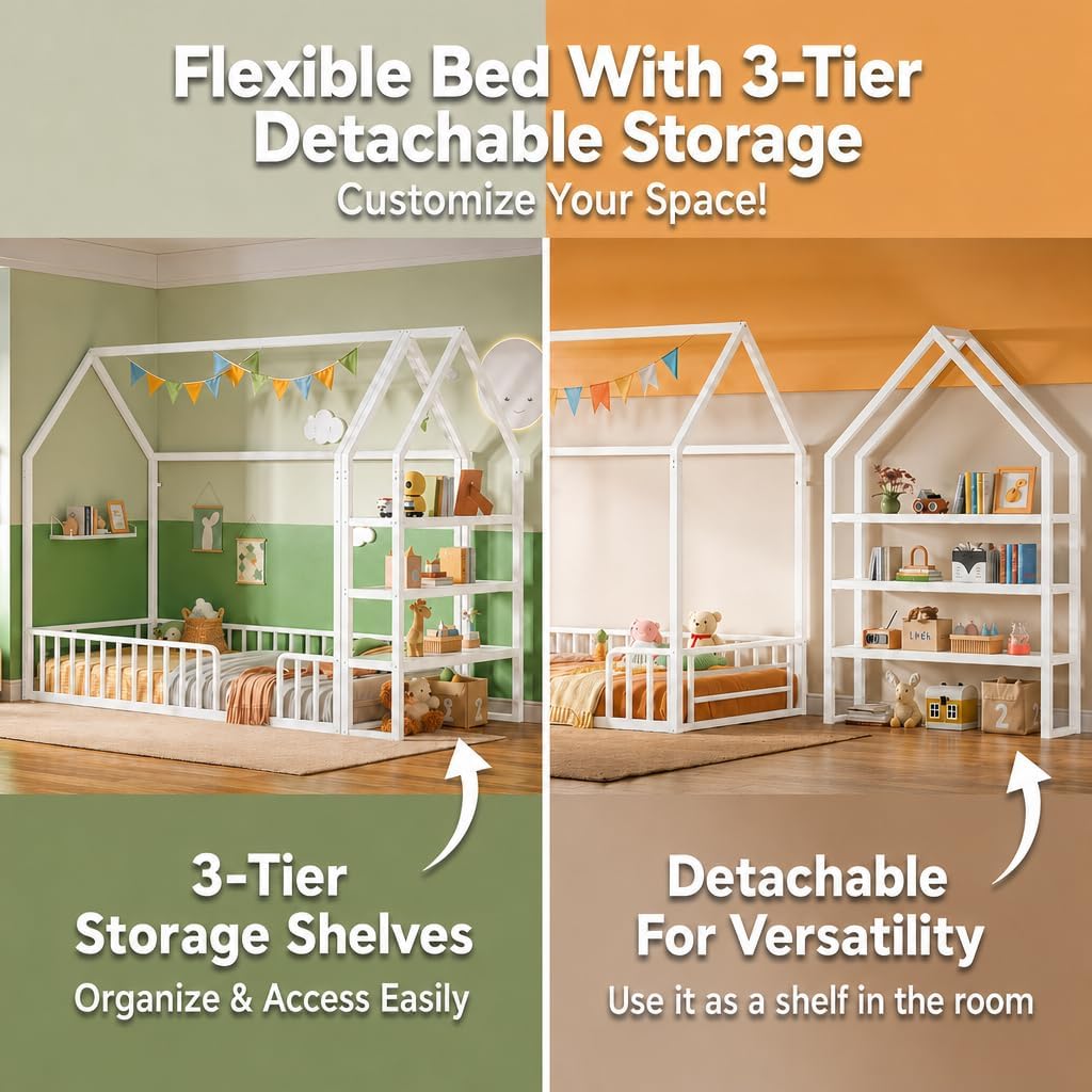 Floor Bed with 3-Tier Shelves, Metal Frame, White