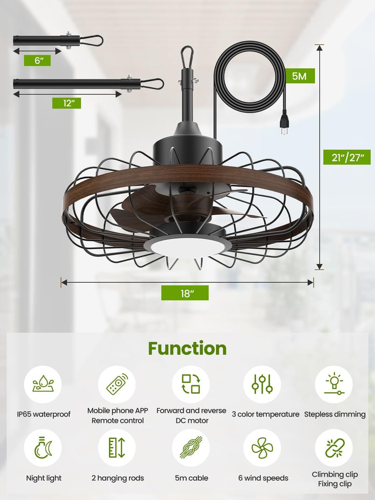 18 Inch Ceiling Fan Smart APP & Remote Control, 6 Speeds, 3 Color Temperatures, Gazebo Lights Outdoor Ceiling Fans for Patio Waterproof,Porch A101-B0DZCDWZ22