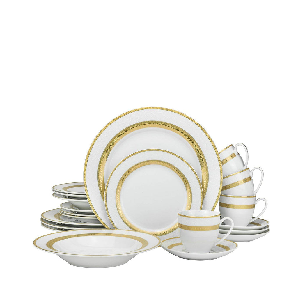 Royalty Porcelain "Queen" 20-Piece White & Gold Dinnerware Set, 24K Gold-Plated Fine Porcelain, Service for 4