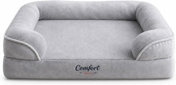 Orthopedic Dog Sofa Bed, Gray, Plush, Raised Bolsters, Supportive Foam, for Dogs (Large)