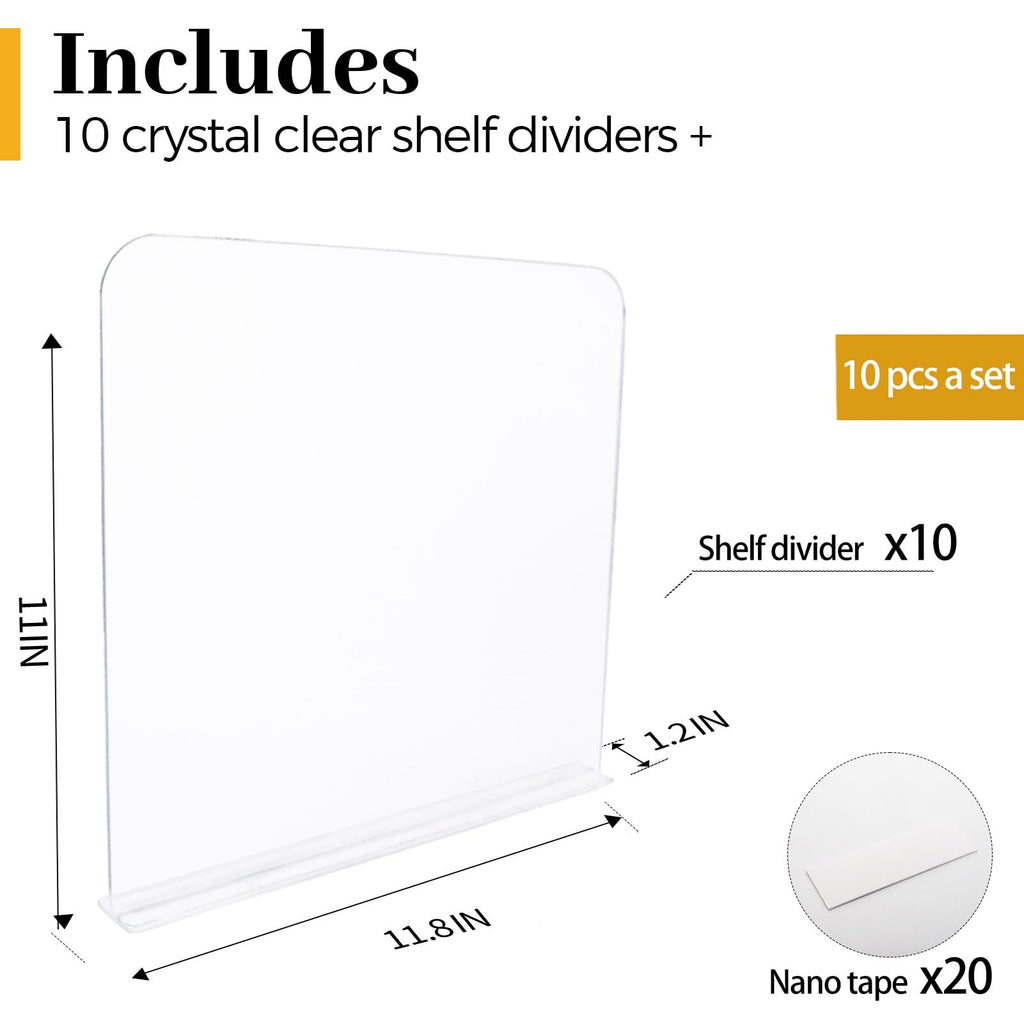 Acrylic Shelf Dividers for Closet Shelf Organizer, 10Pcs Clear Wood Closet Divider Separator for Storage and