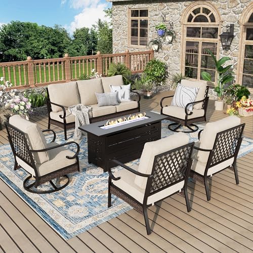 Metal Outdoor Patio Furniture Set - Fire Pit | Beige with Thick Cushions for Patio, Garden & Porch
