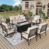 Metal Outdoor Patio Furniture Set - Fire Pit | Beige with Thick Cushions for Patio, Garden & Porch