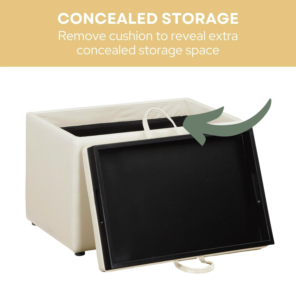 Designs4Comfort Accent Storage Ottoman 22.75" - Modern Foot Stool with Decorative Tray, Ivory Faux Leather