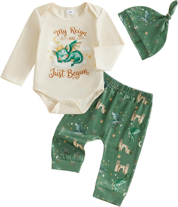 Newborn Baby Boy Fall Clothes Dragon Bear Romper Pants Set with Hat