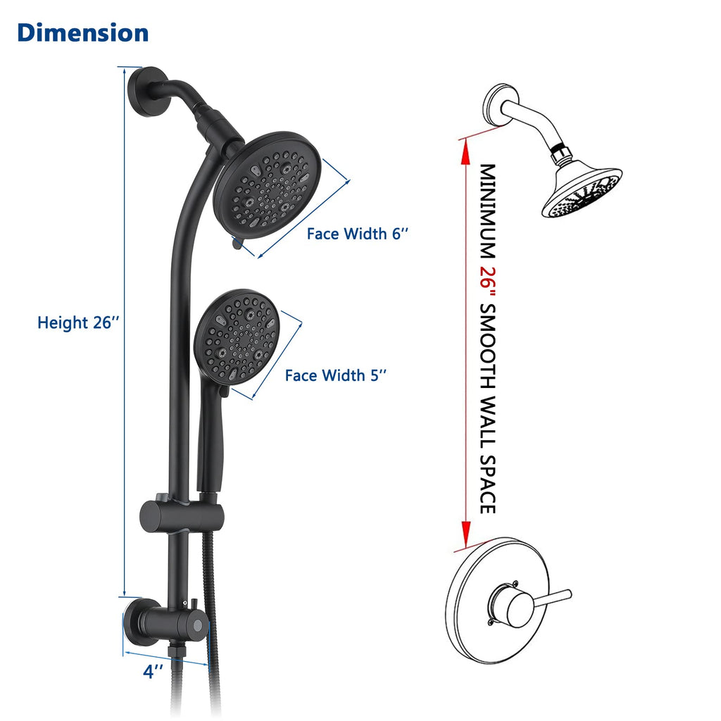 Modern Rainfall Shower Head with Handheld Shower Spray, 26-Inch Adjustable Height Slide Bar, High Pressure Dual
