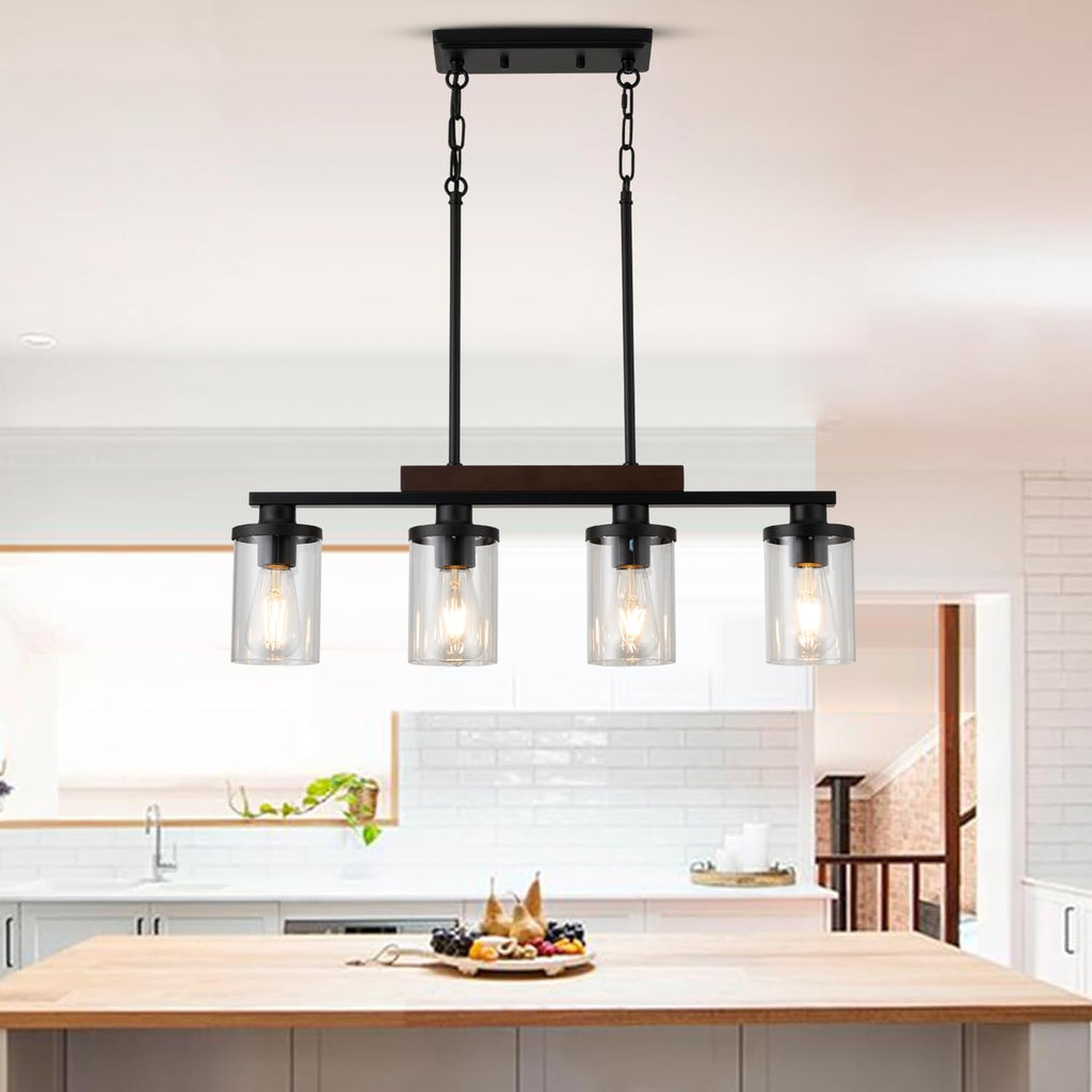 Wood Kitchen Island Lighting,4-Light Farmhouse Dining Room Light Fixture Matte Black Modern Chandeliers Over Table