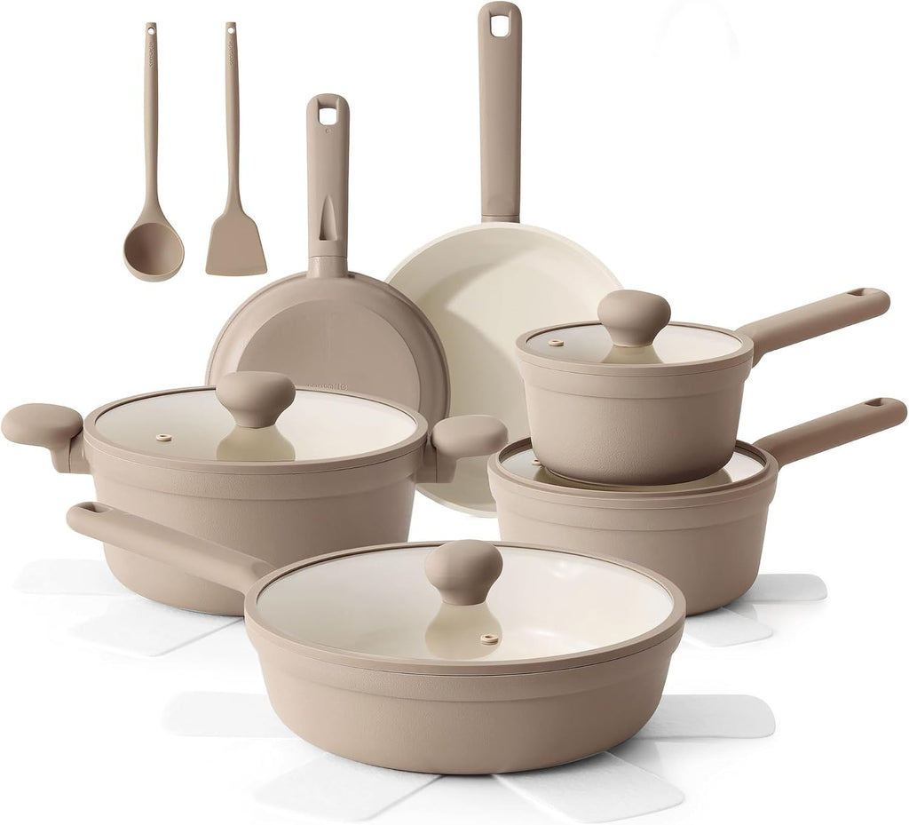 Ceramic Nonstick Pots and Pans Set 17pcs Taupe | Healthy nontoxic ceramic coating, compatible with all stoves