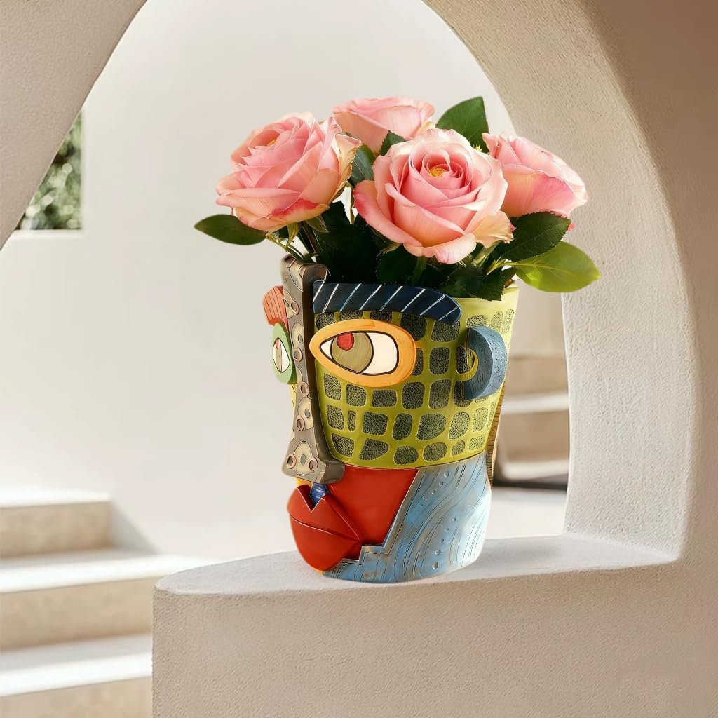 Picasso Abstract Face Flower Pot, Unique Resin Crafted Planter with Drainage Holes, Interesting Colorful Planter with