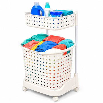 Slim Hamper with Wheels - 2 Tier Rolling Laundry Cart, Narrow Plastic Basket, Double Compartments, 360 Degree Swivel