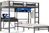 Twin Over Twin Bunk Bed with Desk with 3 Drawers & Storage Shelves, Twin Bunk Bed with Charging Station & LED Lights