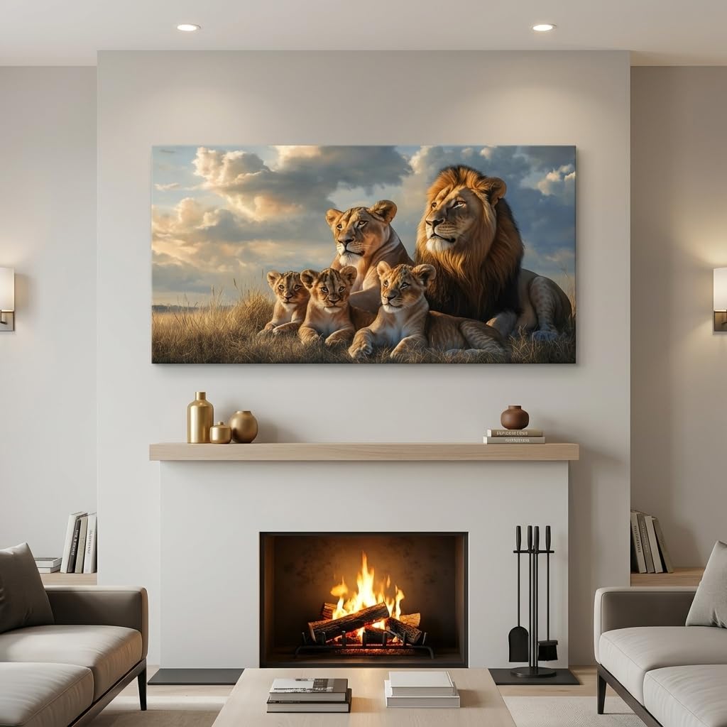 Blue Lion Family Wall Art Modern Canvas Painting Wildlife Landscape Animal Prints Artwork Office Hallway Bedroom