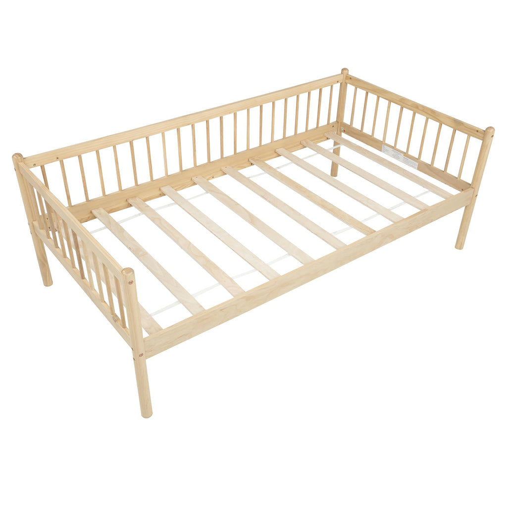 Twin Daybed with 3-Side Guardrails and Wood Frame, Natural