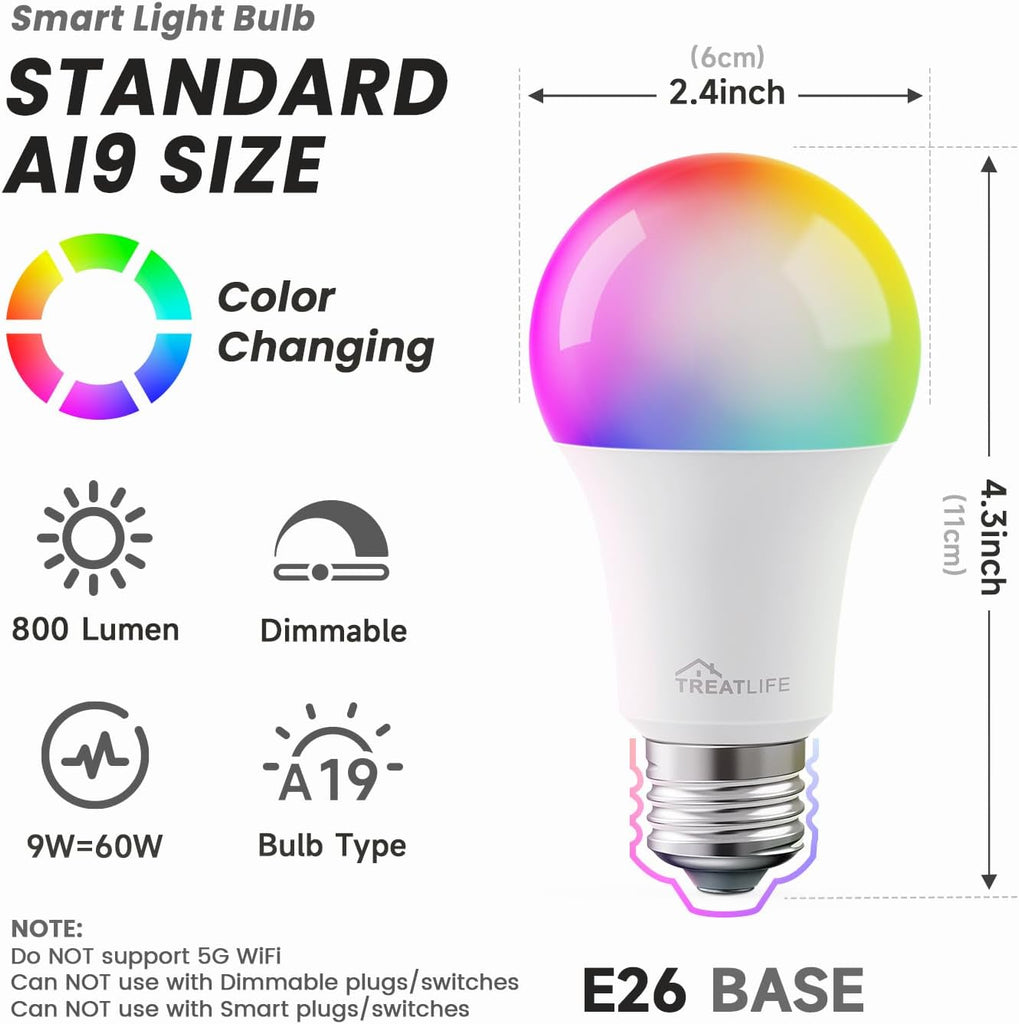 Smart Light Bulbs 4 Pack, 2.4GHz Color Changing Light Bulb, Works with Alexa Google Home, A19 E26 Dimmable LED Light