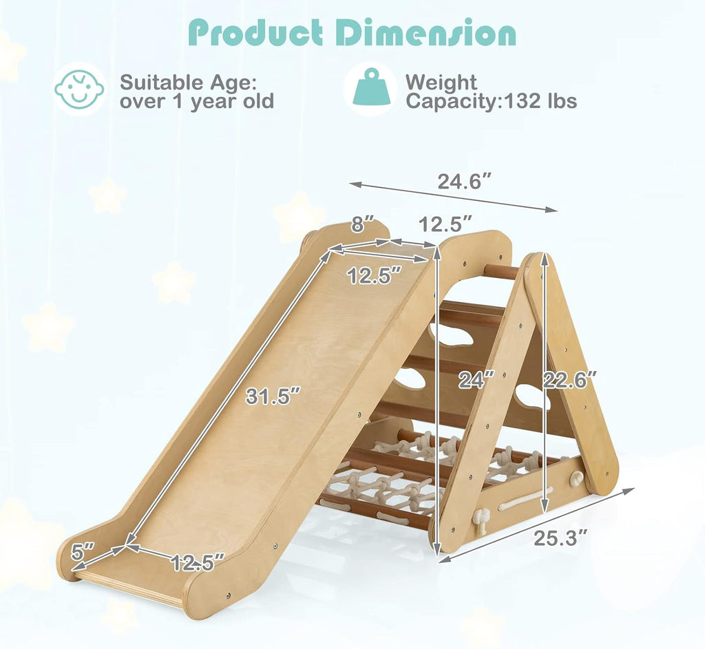 In-1 Triangle Climber with Ramp, Side Kids Climbing Triangle Ladder with Net Rope & Bars, Wooden Montessori