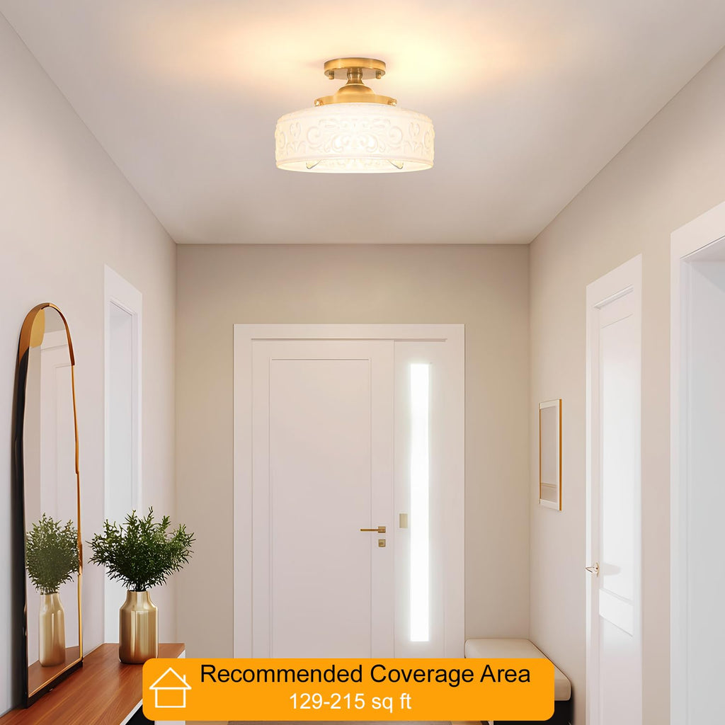 Gold Semi Flush Mount Ceiling Light with Hand-Carved Design - 12 Inch Vintage White Glass Shade with Etched Patterns
