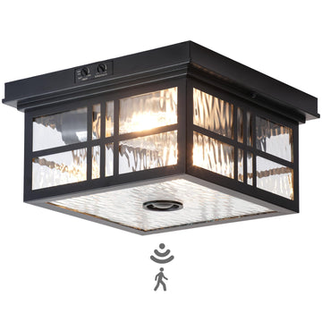 Industrial Motion Sensor Outdoor Flush Mount Ceiling Light, Water Ripple Glass Square Black 2-Light Ceiling Lamp for