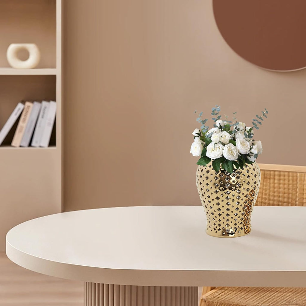Gold Ceramic Ginger Jar with Lid Lattice 5.9x11inch Hollow Decorative Minimalist Ginger Jars Decor Vase Living Room
