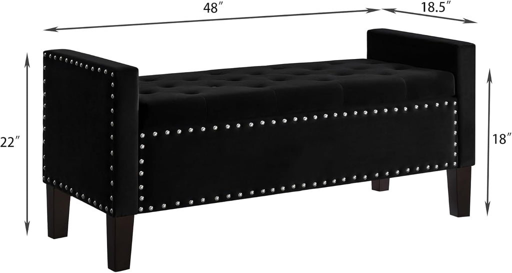 Velvet Storage Ottoman with Armrests and Nails Trim,Entryway Living Room Soft Padded Seat,Bed Bench Bedroom End of