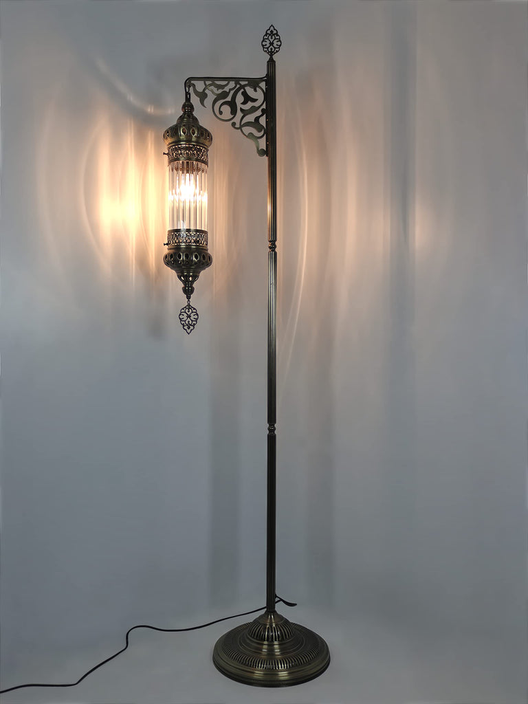 Turkish Moroccan Ottoman Era Style Antique Vintage Standing Floor Lamp, Antique Brass Metal Body, Shatterproof Pyrex