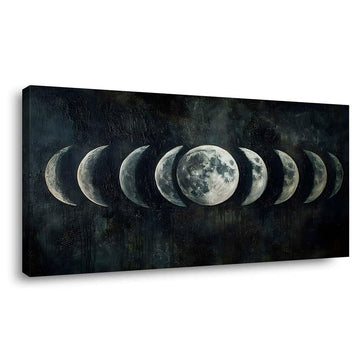 Moon Phase Canvas Wall Art Lunar Cycle Celestial Painting Flat Print Gallery Wrapped Dark Moody Artwork Bedroom