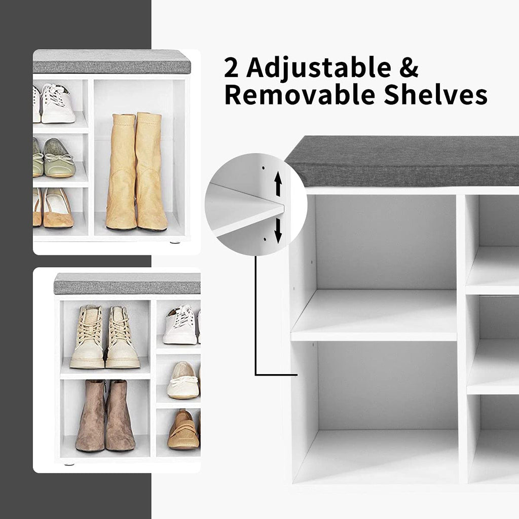 Shoe Storage Bench with Cushion, Entryway Shoe Rack Bench, Adjustable Shelves, 10-Cubbies Shoe Organizer Bench