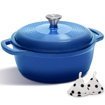 Cast Iron Dutch Oven Pot With Lid - 5QT Enameled Dutch Oven for Bread Baking With Cotton Potholders - Heavy- Duty